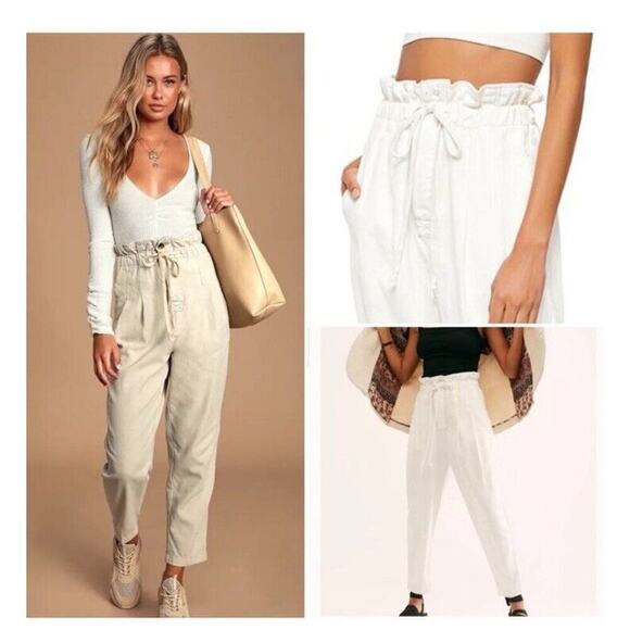 Free People Margate Pleated Elastic Waist Paper bag Trouser Pants White Medium - Picture 5 of 8